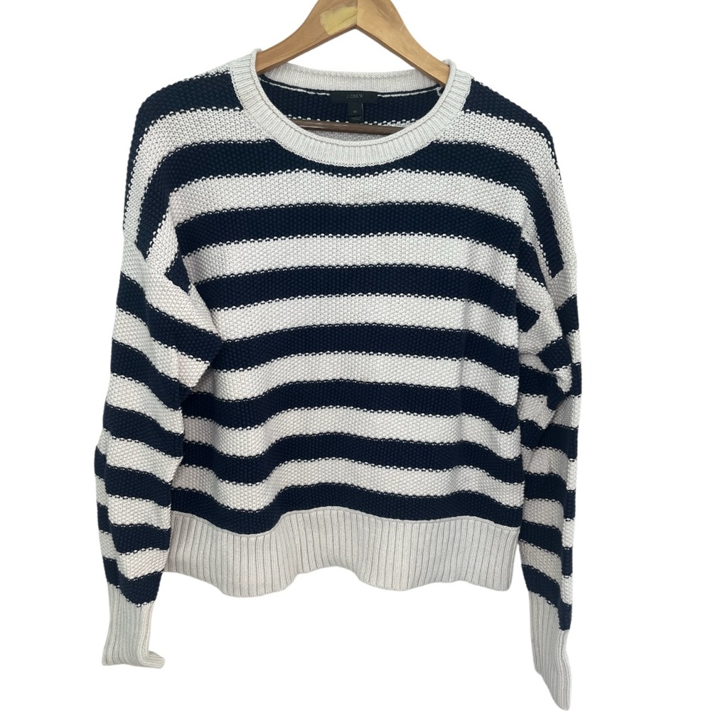 J. Crew Navy and Cream Striped 100% Cotton Knit Crew Neck Sweater Size Medium